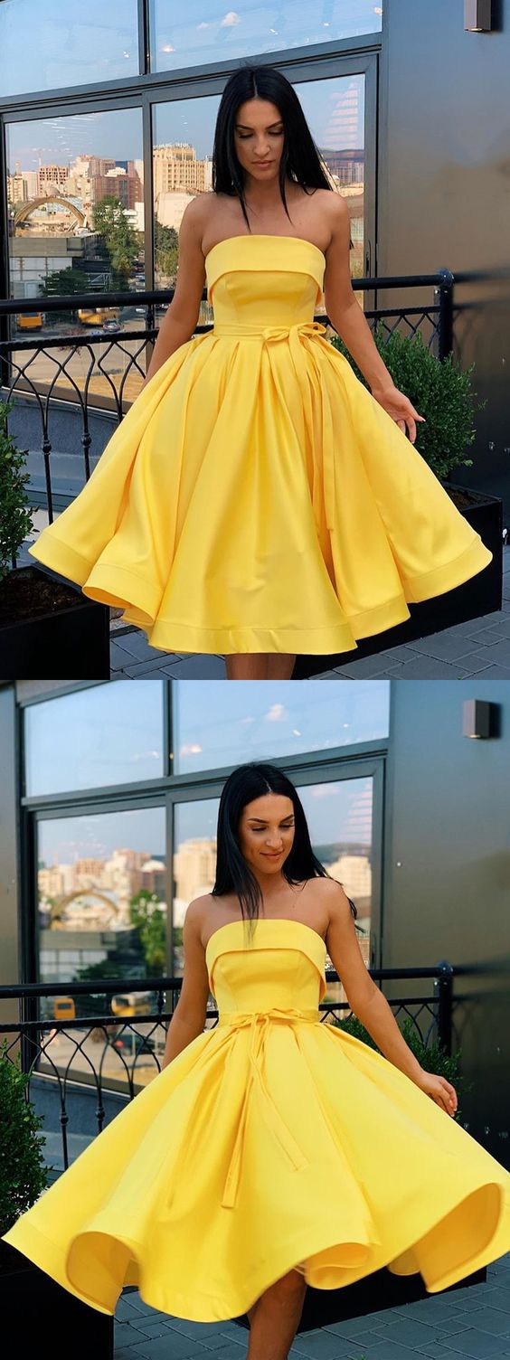 Süßes gelbes kurzes Satinkleid, Homecoming-Kleid cg3911
