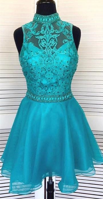 Türkises kurzes Homecoming-Kleid mit hohem Halsausschnitt, cg3919