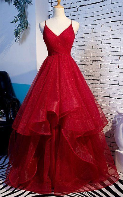 Elegantes Tüll-Ballkleid mit roten Trägern, A-Linien-Ballkleid, langes Abendkleid cg392