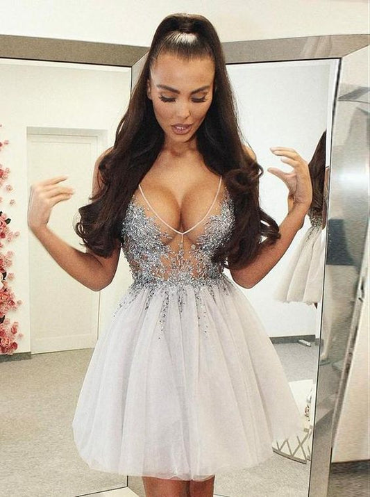 Sexy A-Linie V-Ausschnitt Kurzes Elfenbein Tüll Homecoming Kleid mit Perlenbesatz cg394
