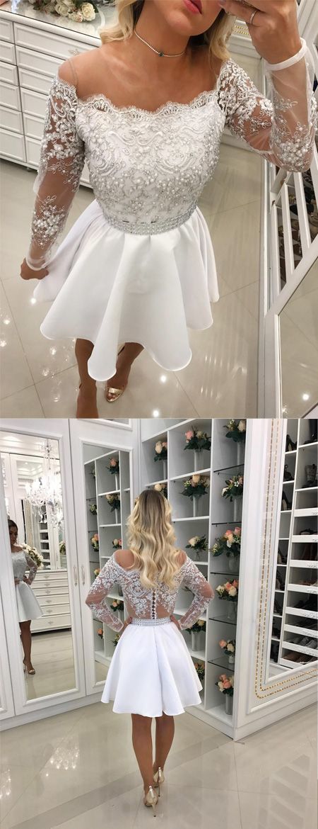 Neuankömmling A-Linie Rundhalsausschnitt Lange Ärmel Weiße Perlen Kurzes Homecoming Kleid cg396