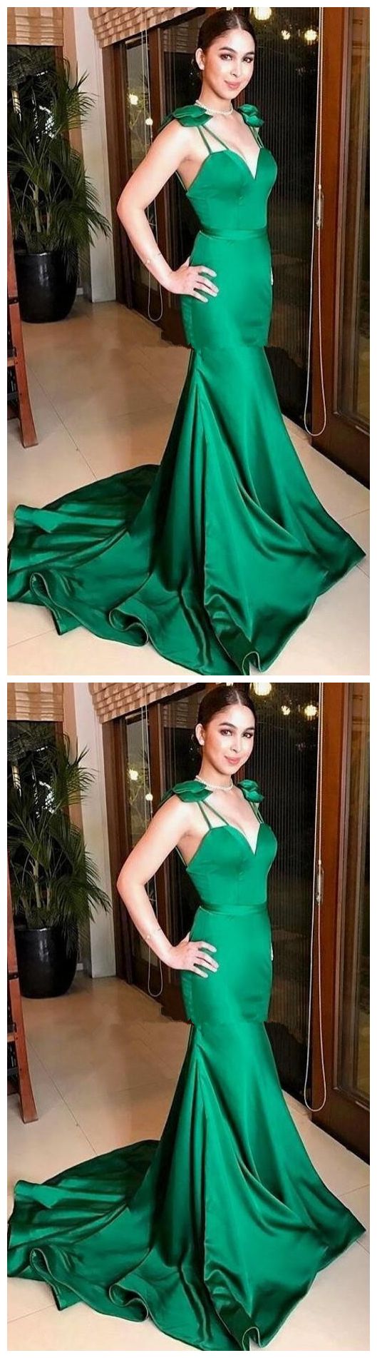 New Green Mermaid Prom Dresses Spaghetti Bow Sweep Train Long Formal Evening Party Gowns cg3963