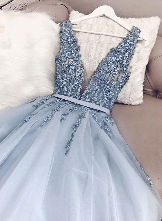 Blaues langes Ballkleid mit V-Ausschnitt und Tüllperlen, Abendkleid cg397