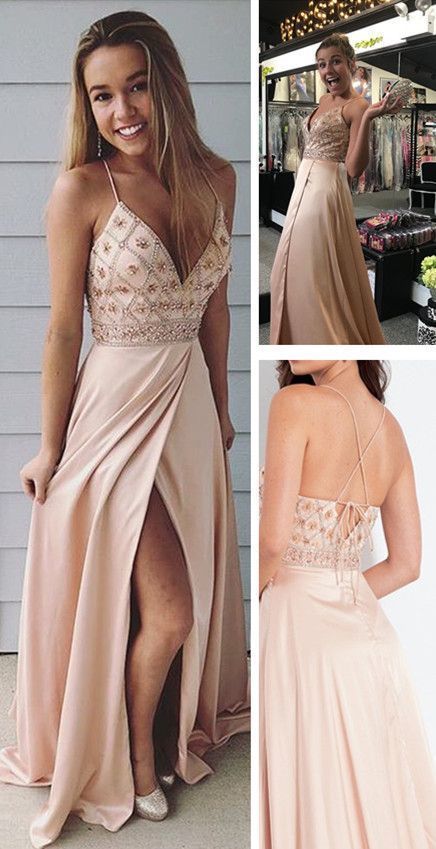 Träger V-Ausschnitt Perlen Langes Ballkleid mit Seitenschlitz cg400