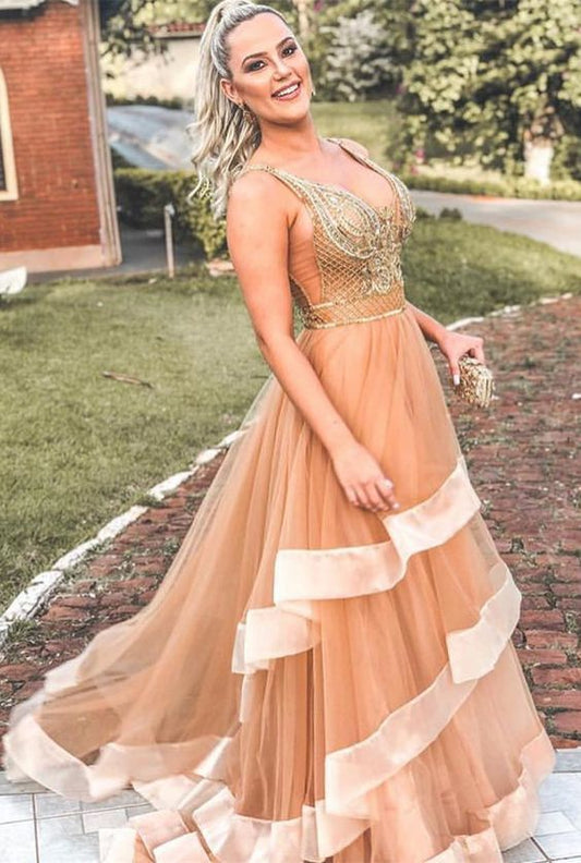 2019 Wunderschönes langes goldenes Ballkleid mit Rüschen cg4006