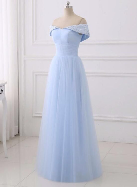 Hellblaue schlichte Brautjungfernkleider, Off Shoulder Partykleid, Schlichtes Tüll Junior Ballkleid, cg4012