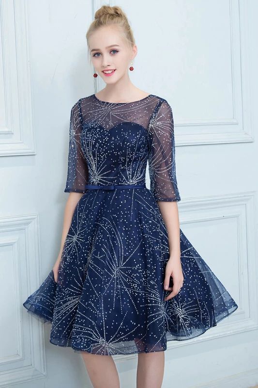 A-Linie Dunkelblaues Homecoming-Kleid, Kurzes Kleid mit Halbärmeln cg4030