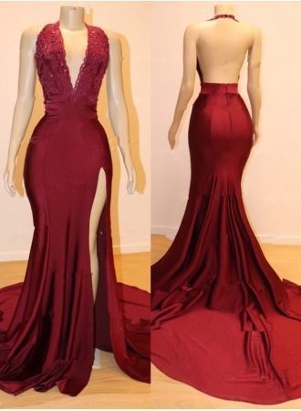 Charming Backless Appliques Burgundy Mermaid Split Slit Evening Dress, Sexy Burgundy Prom Dresses cg4073