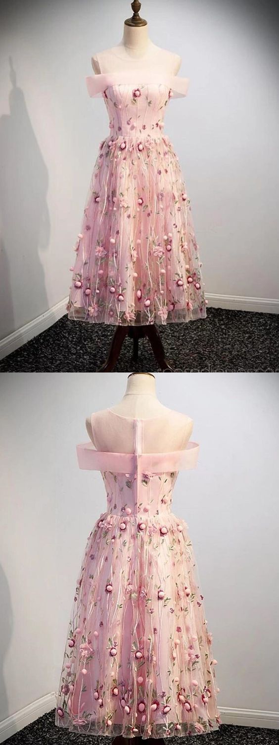 Wunderschönes rosa Tüllkleid in Teelänge mit Blumenmuster, süßes rosa Partykleid cg4088