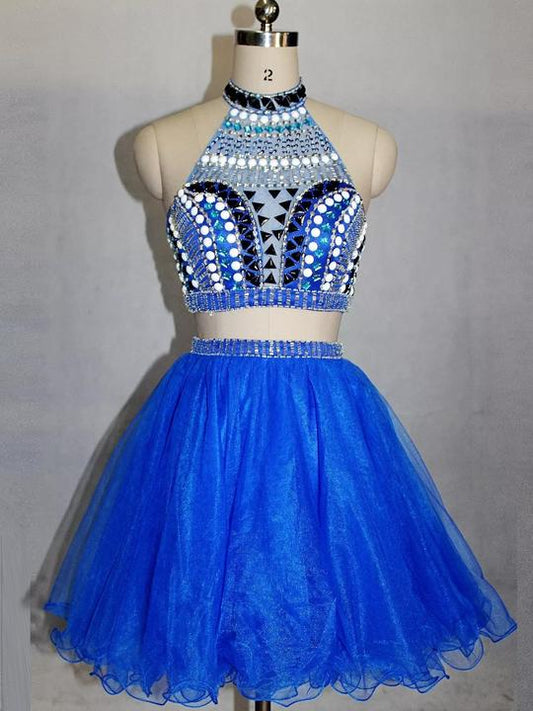Blau Zwei Stücke Hoher Hals Perlen Homecoming Kleider Kurze Cocktail Kleider cg413