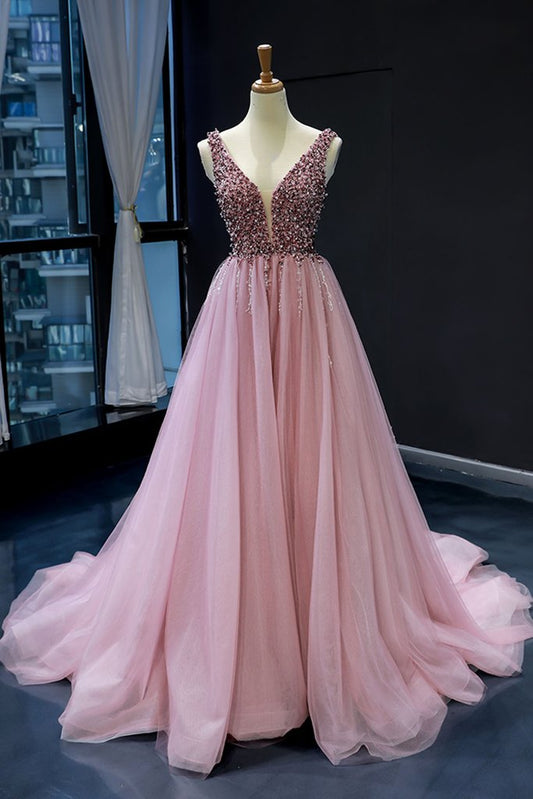Rosa Tüll Perlen Pailletten Schleppe V-Ausschnitt Ballkleid, Perlen Abendkleid cg415