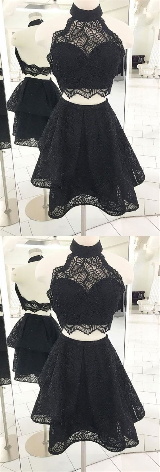 Schwarze Neckholder-Spitze Homecoming-Kleider, Zweiteilige kurze Cocktailkleider cg417