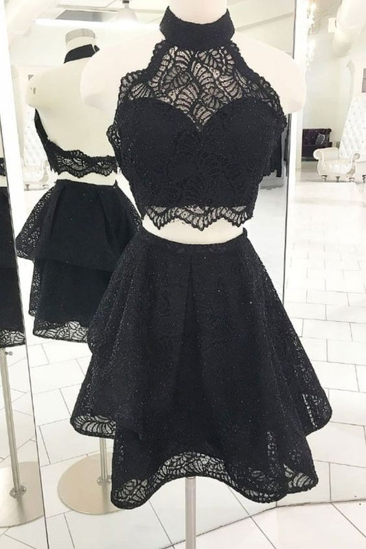 Schwarze Neckholder-Spitze Homecoming-Kleider, Zweiteilige kurze Cocktailkleider cg417