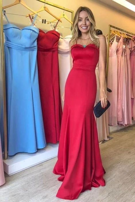 Strapless Straight Red Satin Evening Gown Backless , Long Prom Dress cg4185