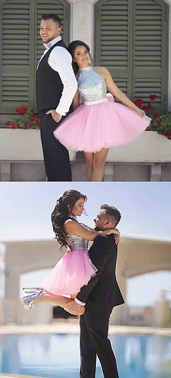 Süßes Mini-Kurzes Homecoming-Kleid mit hohem Halsausschnitt, hellrosa Tüll, Pailletten, Mini-Cocktailparty-Kleid für Junioren, cg420