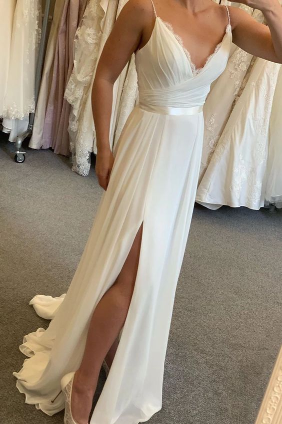 simple ivory chiffon long bridal prom gown with side slit and wrap front cg4216