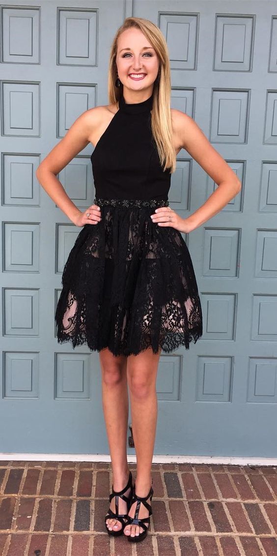 A-Line Halter Backless Short Black Satin Homecoming Dress with Beading Lace cg4237
