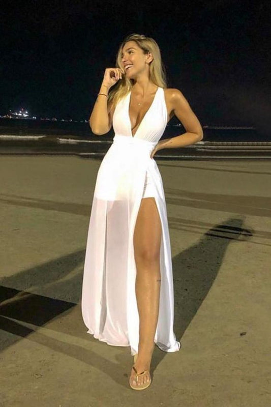 Einfaches tiefes V-Ausschnitt weißes Chiffon Schlitz langes billiges Hochzeits-Abendkleid Abendkleid cg4239