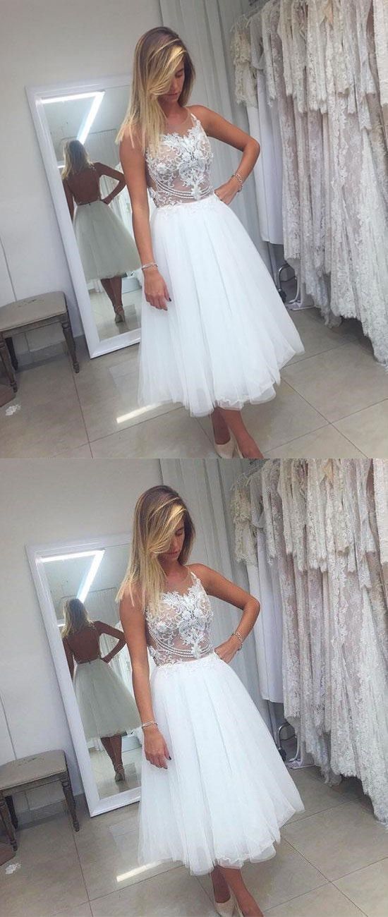 Weißes kurzes Kleid aus Tüllspitze, weißes Homecoming-Kleid cg4249