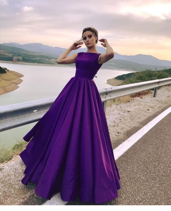 Purple Satin Lovely Ball Gowns Concise Cap Sleeves Evening Party prom Dress cg4273