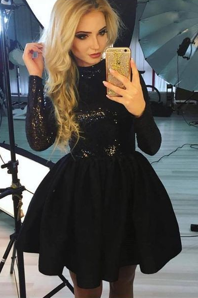 A-Linie Juwel Langarm Schwarzes Homecoming-Kleid mit Pailletten cg428