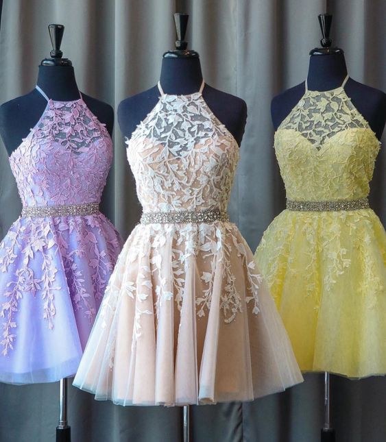 A-Linie Juwel Schnürung am Rücken Gelbes Homecoming-Kleid mit Perlenapplikationen cg4308