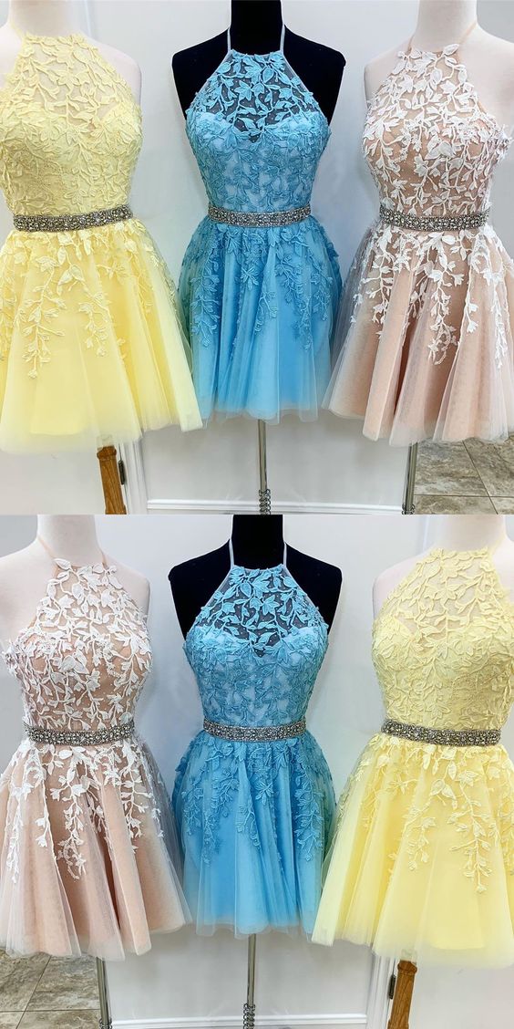 A-Linie Juwel Schnürung am Rücken Gelbes Homecoming-Kleid mit Perlenapplikationen cg4308