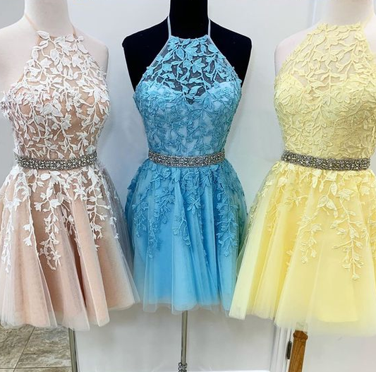 A-Linie Juwel Schnürung am Rücken Gelbes Homecoming-Kleid mit Perlenapplikationen cg4308