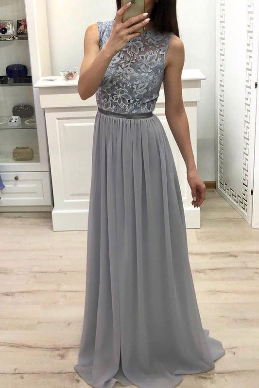 Hochgeschlossenes, langes Chiffon-Ballkleid mit Spitzenoberteil, graues Brautjungfernkleid cg4316