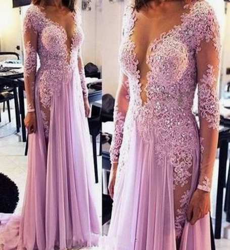 2019 Langarm V-Ausschnitt Chiffon Applikationen Abendkleid, formelles Ballkleid, sexy Abendkleid cg4320