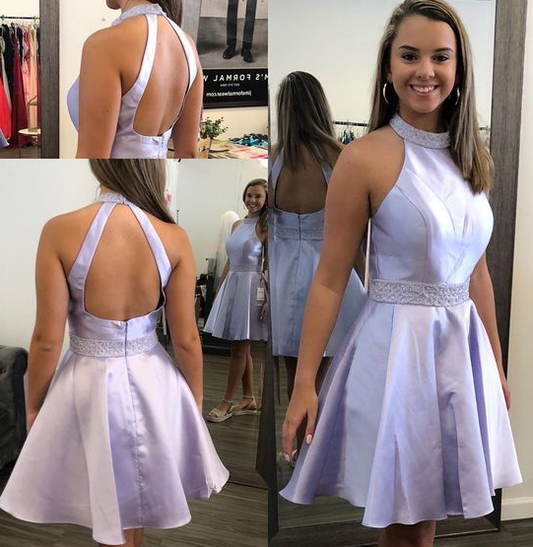 A-Linie Juwel Lila Kurzes Homecoming-Kleid mit Perlentaschen cg4321