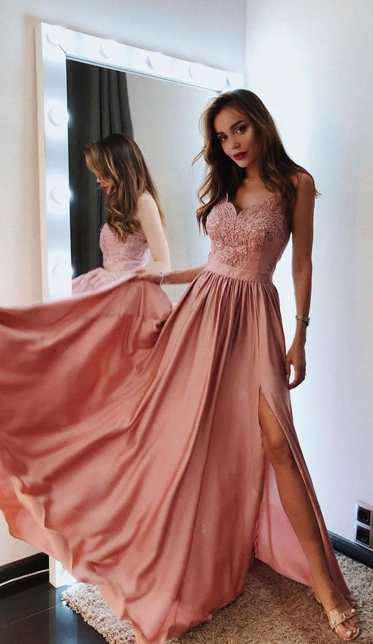 2020 Rosa V-Ausschnitt Chiffon Spitze langes Ballkleid, rosa Abendkleid cg4347