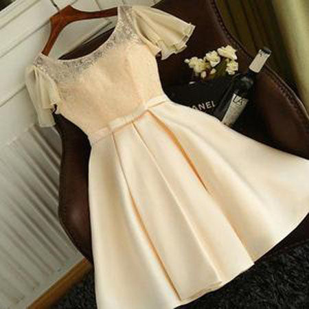 Elegantes A-Linien-Abendkleid mit Flügelärmeln und Spitze, kurzes Kleid cg435