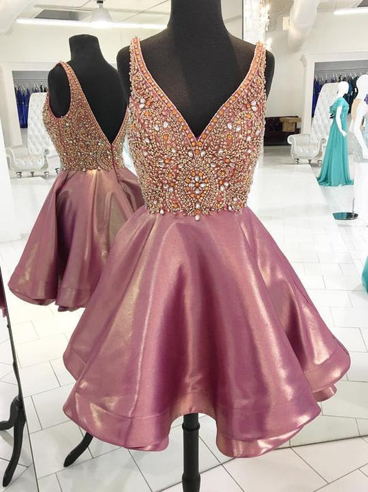 V-Ausschnitt, ärmellos, rückenfrei, A-Linie, kurzes Homecoming-Kleid mit Perlen, cg438