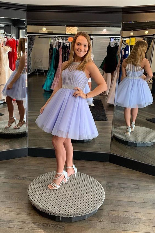 A-Linie, knielanges lilafarbenes Homecoming-Kleid mit Juwelen und Perlen cg4385