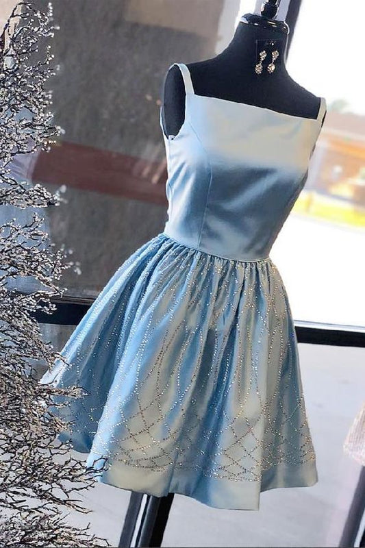 Blaues ärmelloses A-Linien-Satin-Kurz-Heimkehrkleid mit Pailletten cg439