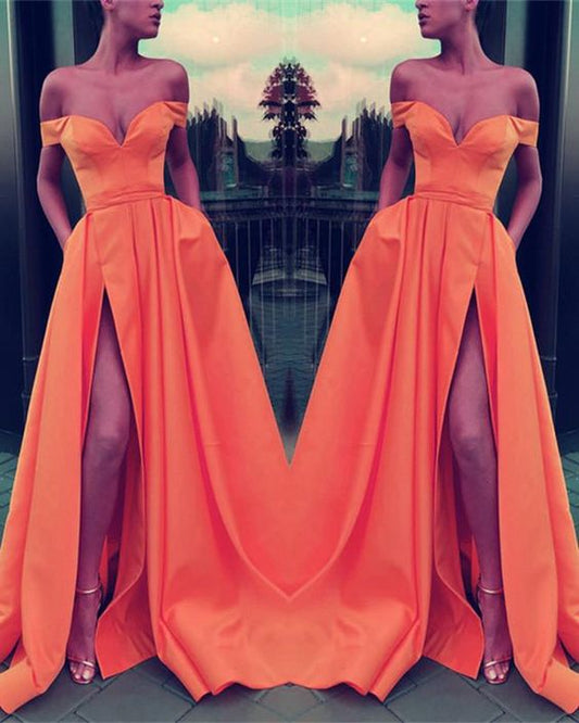 Sexy V-Ausschnitt, schulterfrei, langes Satin-Abendkleid mit Schlitz und Beinausschnitt, cg4421