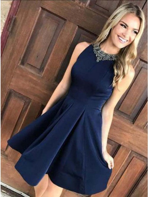 A-Linie Juwel Dunkelblau Kurzes Homecoming-Kleid mit Applikationen cg443