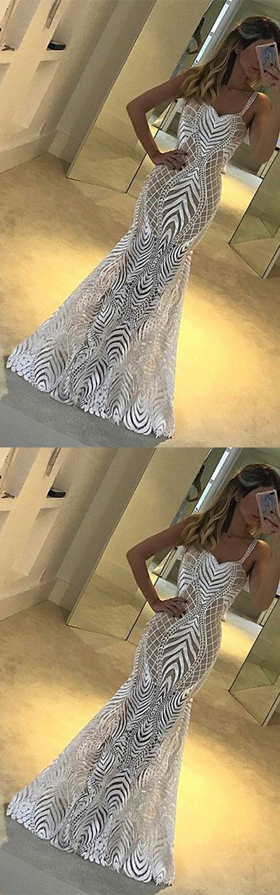 Meerjungfrau Spaghettiträger Bodenlanges ärmelloses weißes Spitzen-Ballkleid cg4433