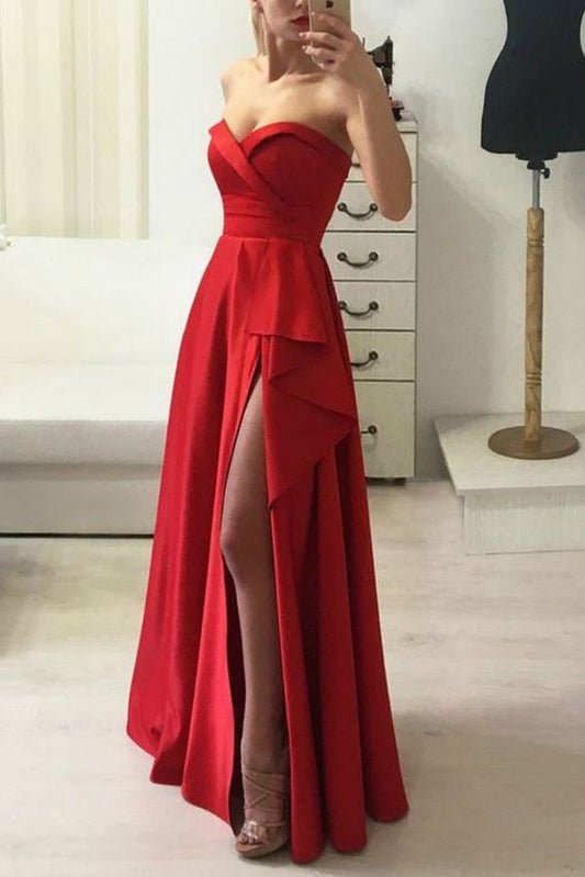 Bodenlanges rotes Satin-Ballkleid mit gerüschtem Schlitz an der Seite cg4453
