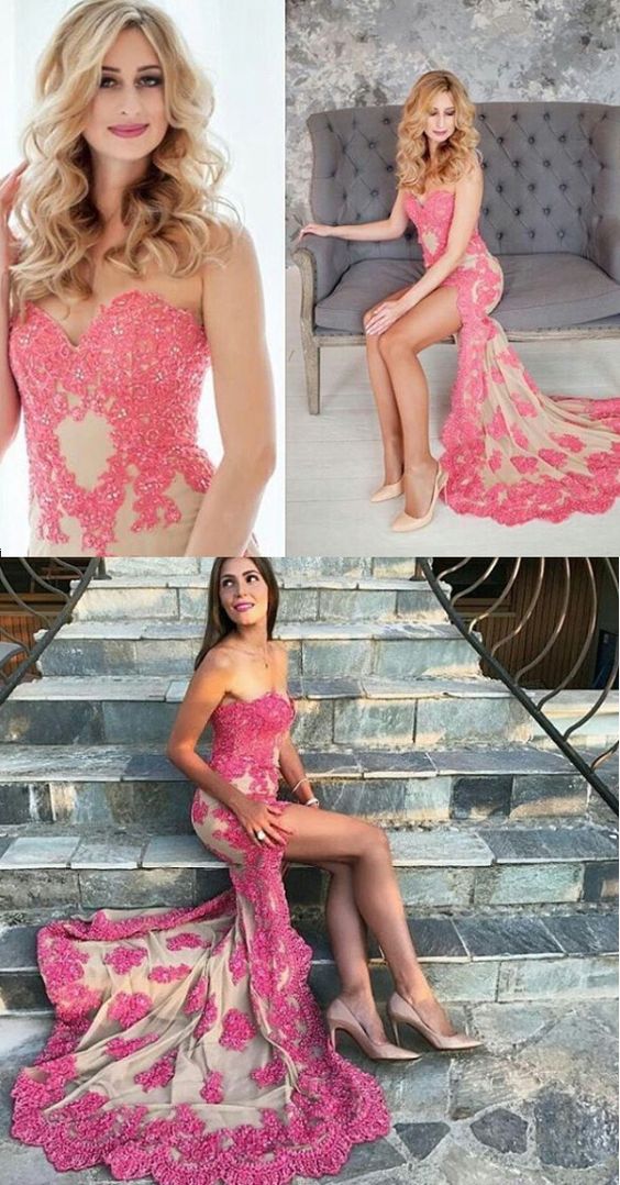 Wunderschönes trägerloses High Low Spitzen-Ballkleid Elfenbeinfarbenes Abendkleid Elegantes Ballkleid Rosa Spitzen-Ballkleid cg4465