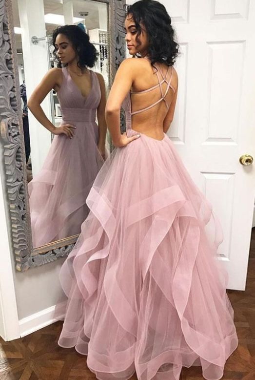 Schlichtes langes Ballkleid aus rosa Tüll, Abendkleid aus rosa Tüll cg448