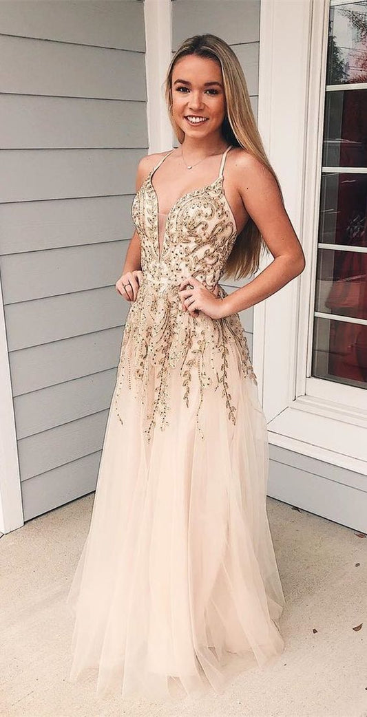 A-Linie Spaghettiträger Helles Champagner Langes Ballkleid mit Perlenapplikationen cg450