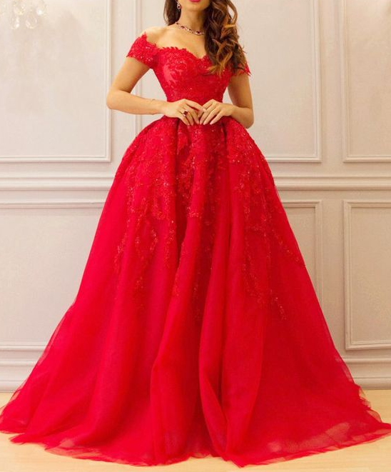 Long Red Tulle Prom Dresses Lace Embroidery Evening Gowns Off Shoulder