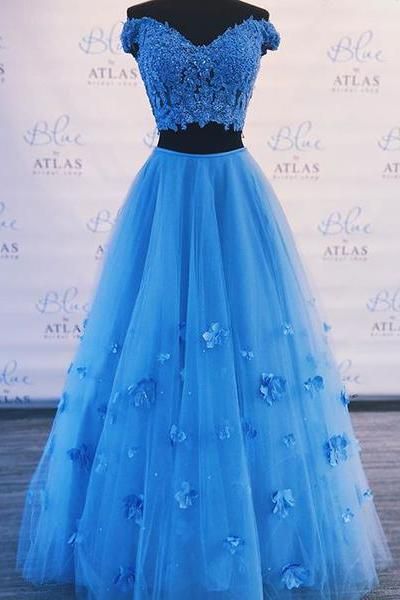 Two Piece Blue Prom Dress Off-The-Shoulder A Line Long Graduation Gown cg453