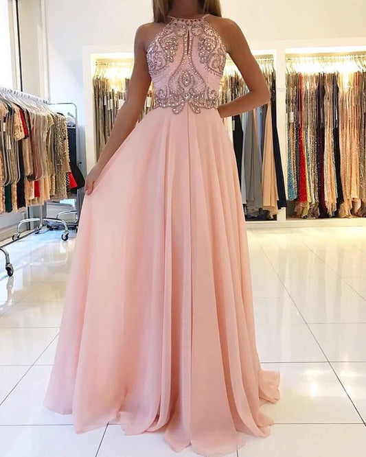Erröten Rosa Neckholder Chiffon Open Back Langes Ballkleid, Formelles Kleid mit Perlen Top cg454