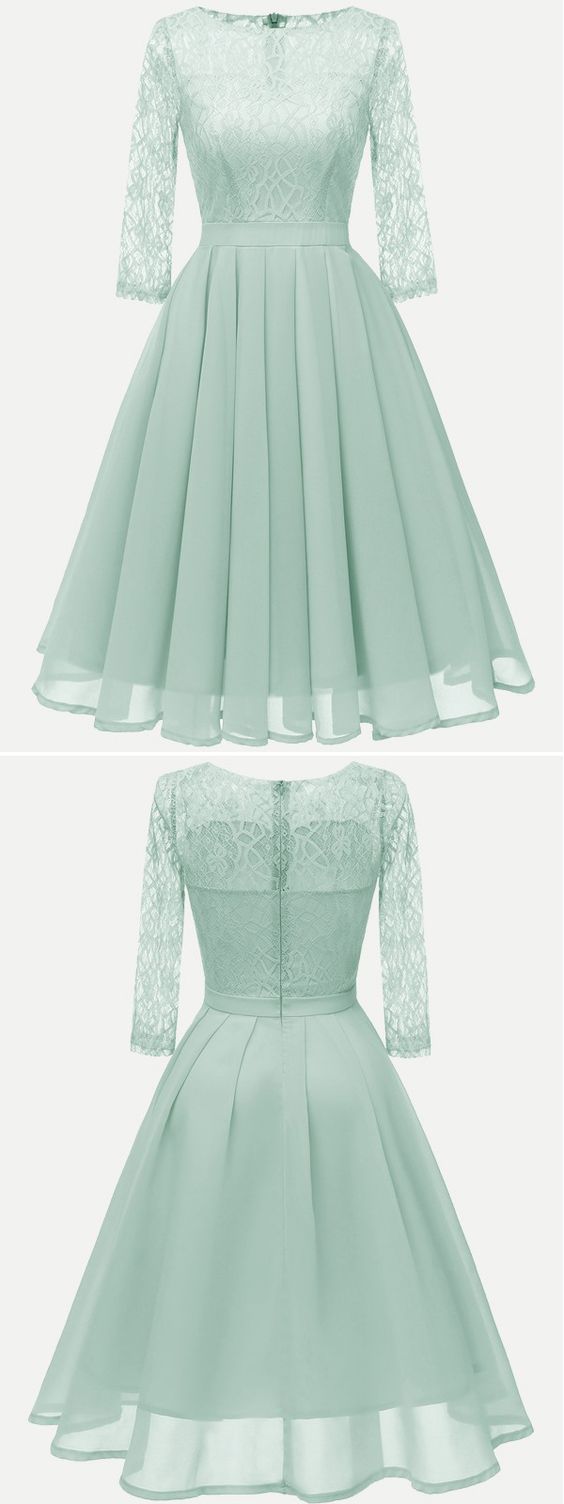 Lace Chiffon Cocktail Solid Swing prom Dress With Sleeves cg4549