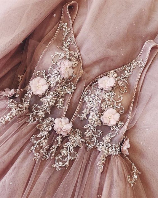 A-Linie V-Ausschnitt Rückenfrei Sweep Schleppe Rosa Ballkleid mit Perlenbesatz Blumen cg455