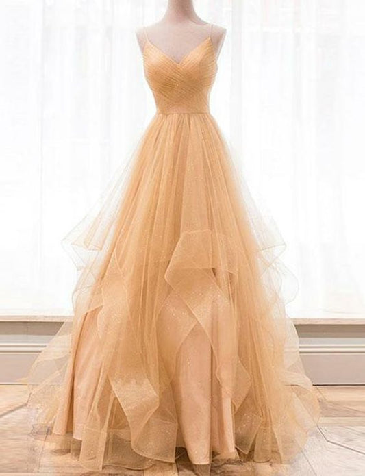 Maßgefertigtes langes Ballkleid aus goldenem Tüll mit V-Ausschnitt, Abendkleid cg456