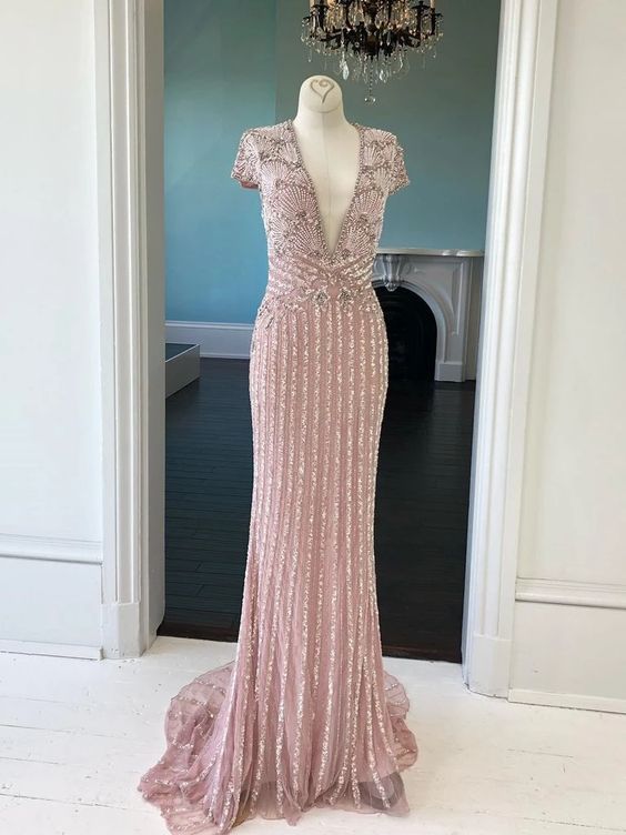 Blush Pink Sparkly Long Prom Dresses Short Sleeve V neck Beaded Custom Evening Dress Formal Gowns cg4593